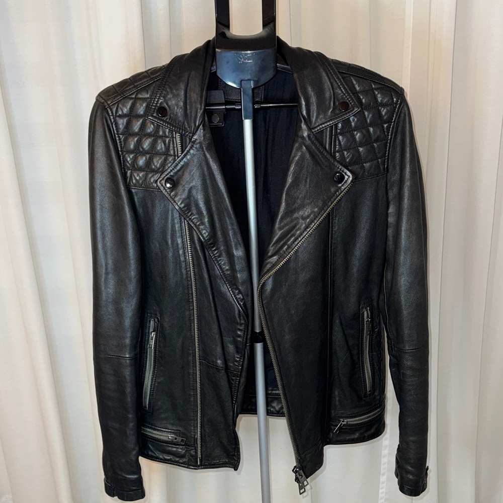 All Saints Conroy Textured 100% Leather Biker Jacket Brown Size Small Spring - Picture 2 of 11